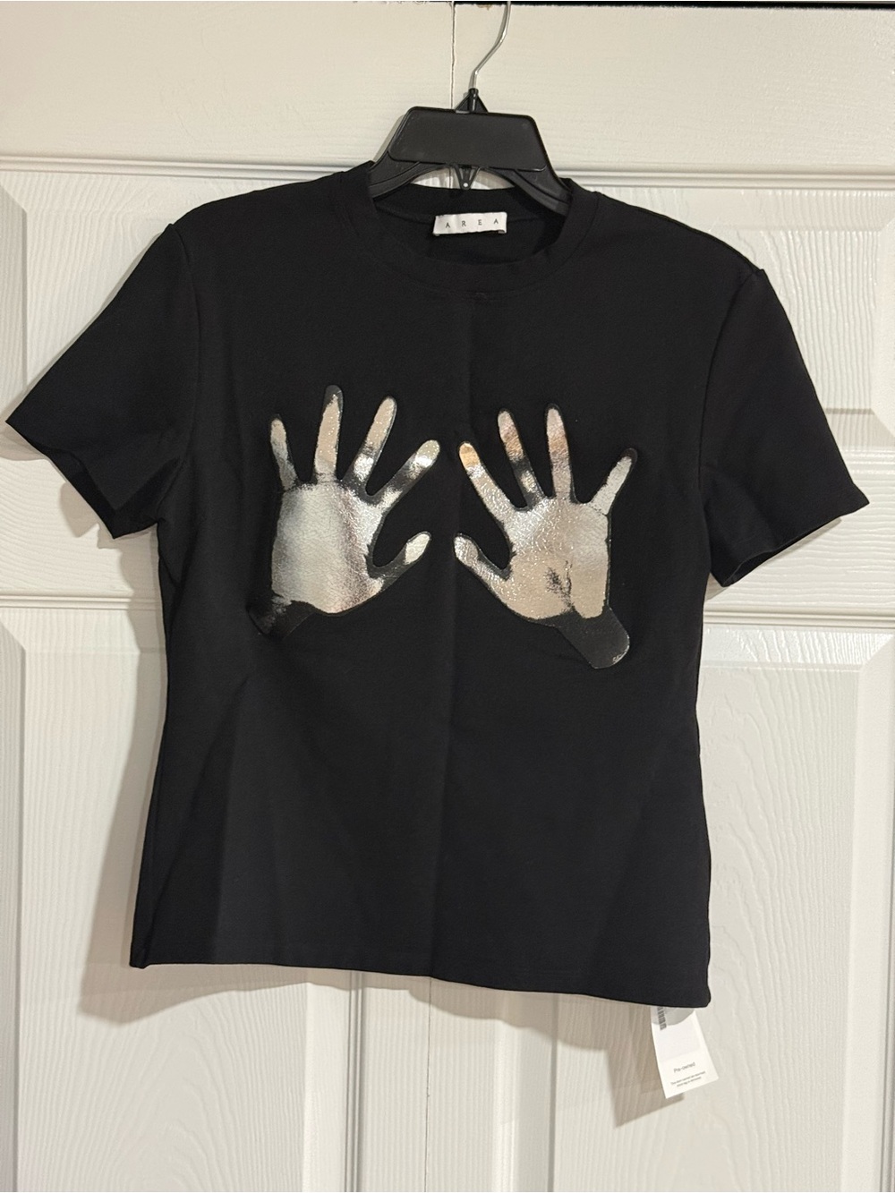 AREA Black Tee with Silver Handprint Motif